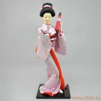 Кукла гейша с веером, лиловое кимоно с красным, 9"