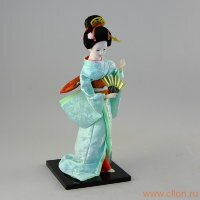 Кукла гейша с веером, голубое кимоно, 12 "