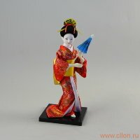 Кукла гейша, красное кимоно с желтым, 9