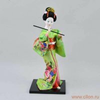 Кукла гейша с флейтой, бирюзовое кимоно с цветами, 12 "