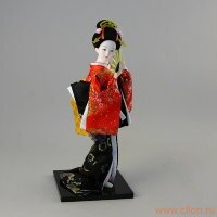 Кукла гейша с веером, черное кимоно с красным, 12 "