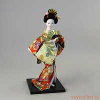 Кукла гейша с веером, красное кимоно с золотым, 12 "