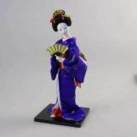 Кукла гейша с веером, синее кимоно , 12