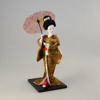 Кукла гейша с зонтиком, оливковое кимоно в горошек, 12 