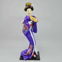 Кукла гейша с веером, сиреневое кимоно с цветком, 12 "